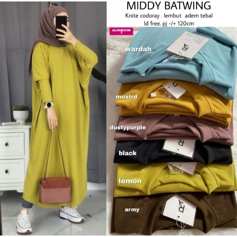 Baju Gamis Wanita Midi Dress Dres Middy Batwing Super Jumbo Bigsize Polos Alfashion