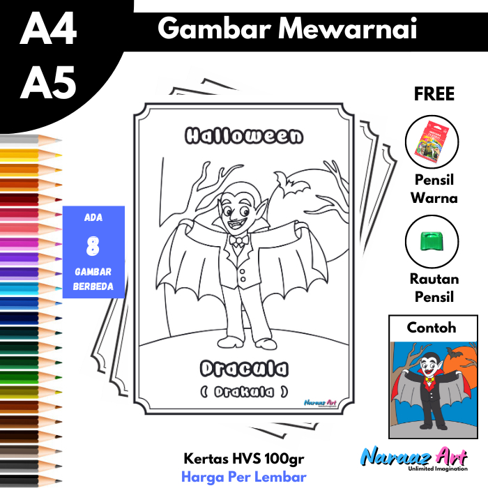 

HW01 Gambar Mewarnai Halloween Untuk Anak TK SD PAUD Kertas HVS 100gr Bukan Buku Mewarnai Sketsa Versi Hallowen