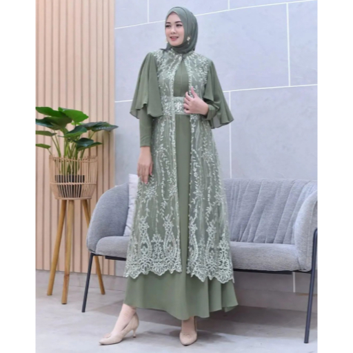Dress Outer Brukat Pesta Terbaru 2023 Green Sage Gamis Clarisa By Ghina Set Inner + Outer Free Belt 