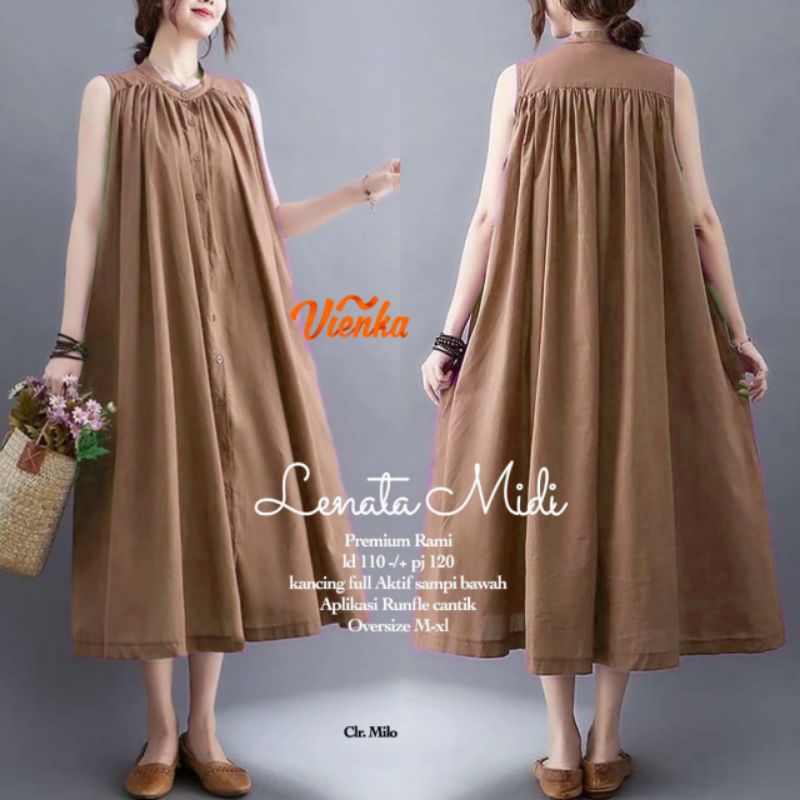 Lenata Midi Dress Wanita By Vienka Bahan Linen Rami Ld 110 [ READY COD ]