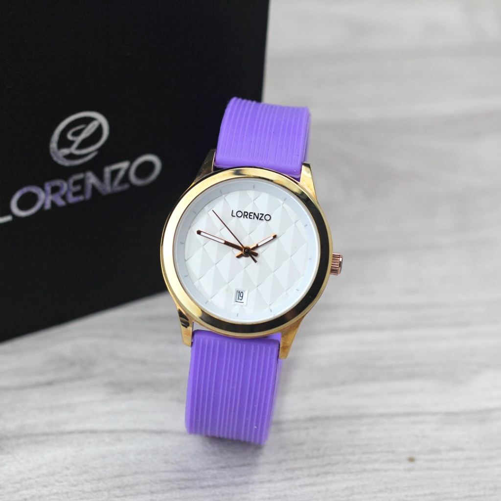 Jam tangan Lorenzo 1034L tanggal aktif tali karet original wanita