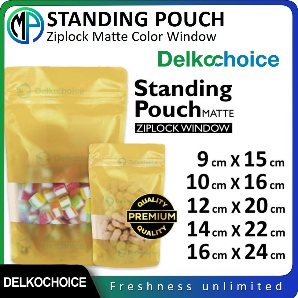 Kemasan Standing Pouch Matte Doff Window Ziplock GOLD (KUNING) / Plastik Klip Kemasan Makanan - Ecer