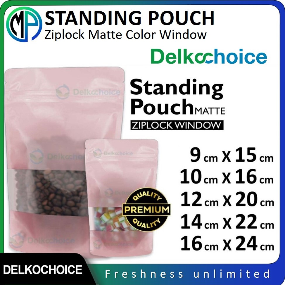 Kemasan Standing Pouch Matte Doff Window Ziplock PINK Plastik Klip Kemasan Makanan Harga Ecer Murah