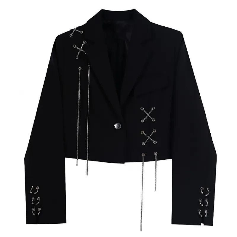 【Renjiro】Blazer Crop Wanita Gaya Korea Blazer Gothic Punk Rantai