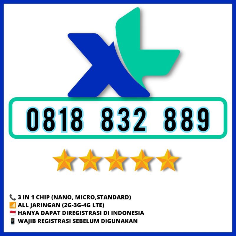Nomor Cantik XL 10 Digit Prabayar Seri AAB 889 Angka Hoki Rapi 0818 832 889