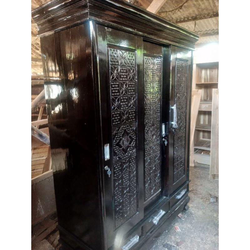 lemari pakaian 3 pintu sliding laci+hijab full kayu asli jati