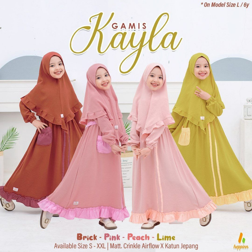 Heppinn-Gamis Kids Kayla Peach-Lime-Pink-Brick Crinkle Airflow Dress Anak Perempuan Set Hijab Syari 