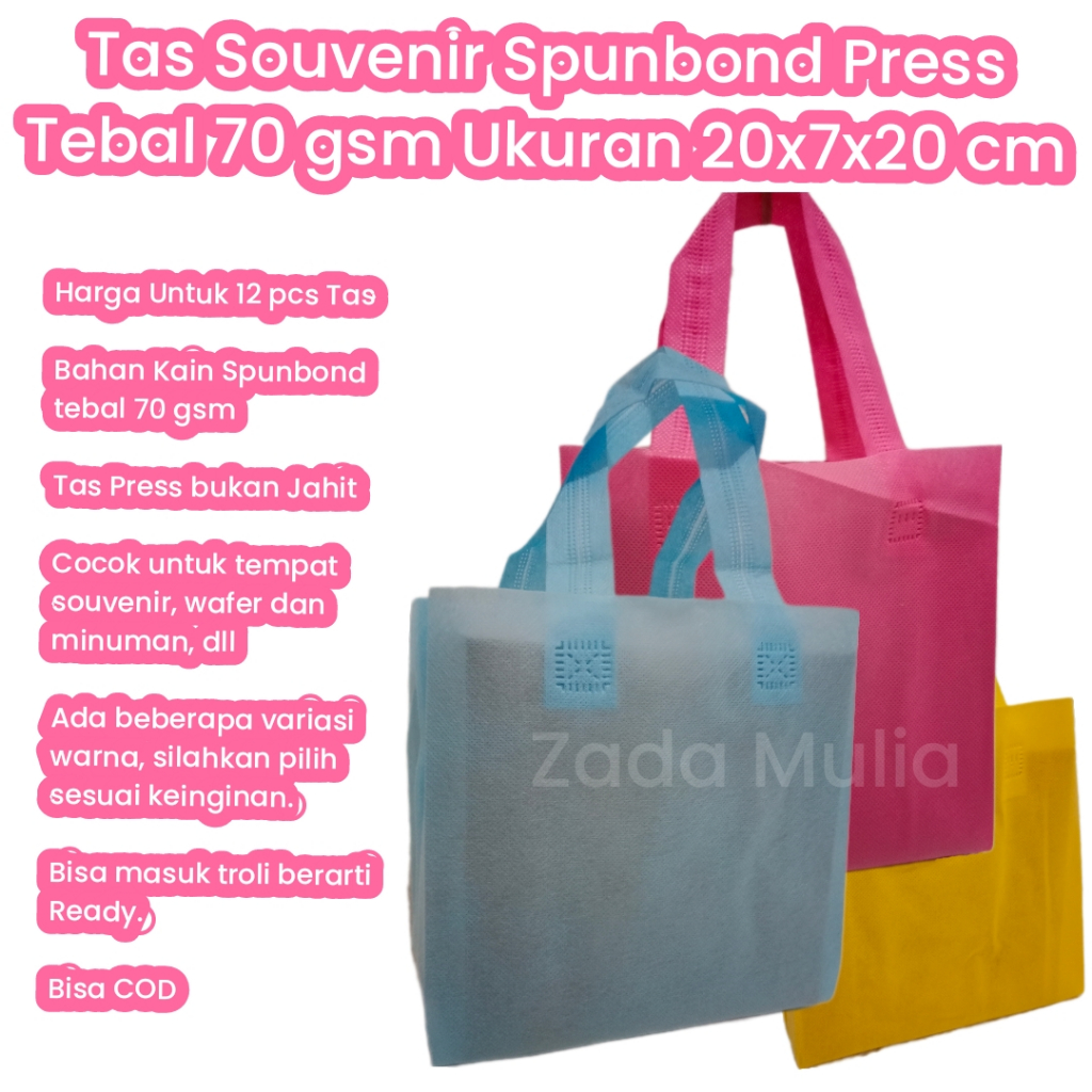 

Goodie Bag Kain Spunbond Press 20x25 cm Tebal isi 12 pcs Tas Souvenir Hajatan Pernikahan Ulang Tahun