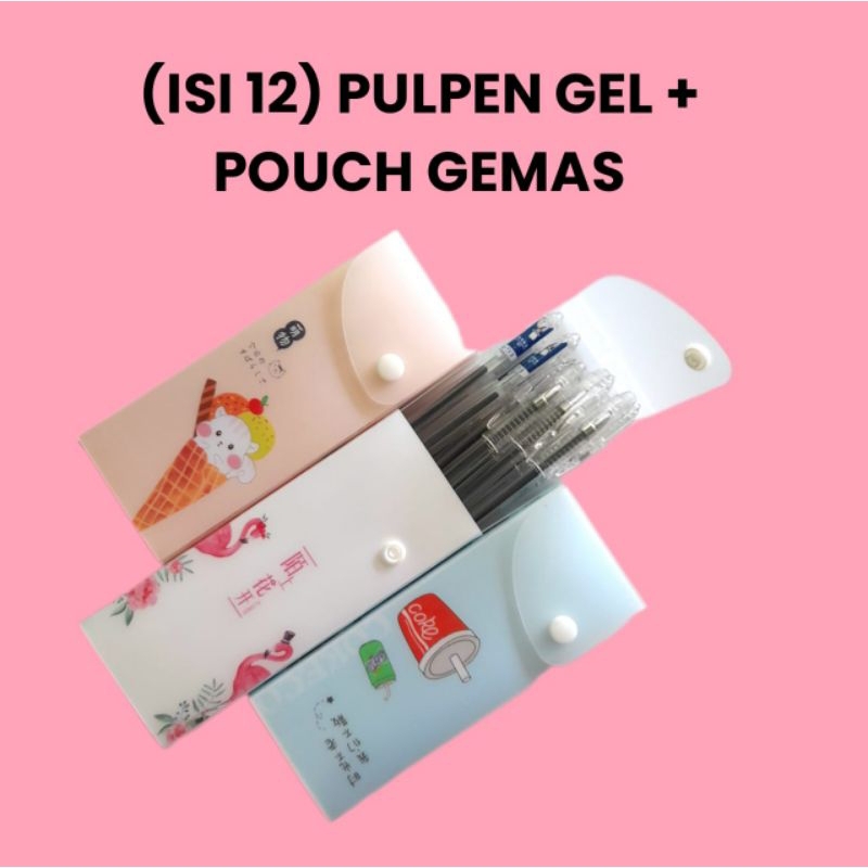 

(Isi 12) Pulpen Gel + Pouch Gemas / Kotak Pensil