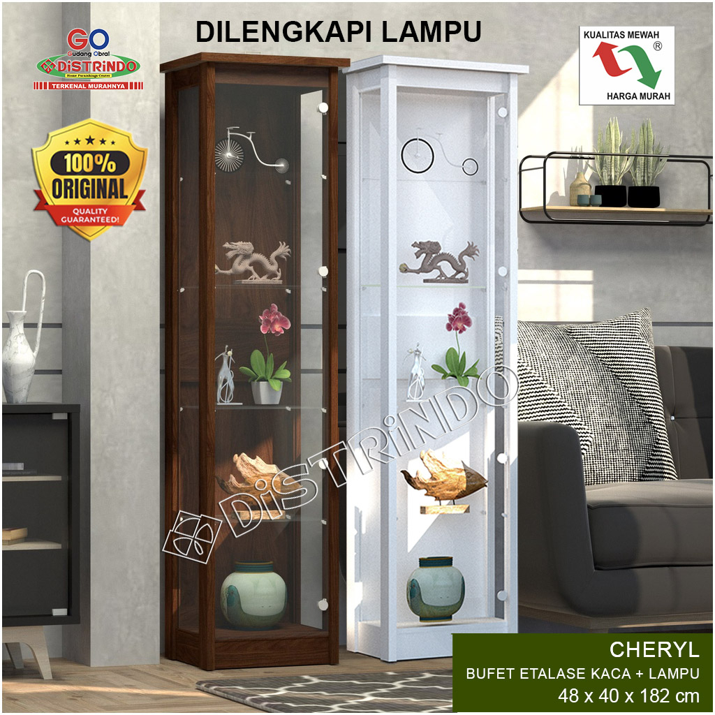 DISTRINDO Lemari Hias + LAMPU / Etalase Kaca /Lemari Tas Souvenir Pajangan