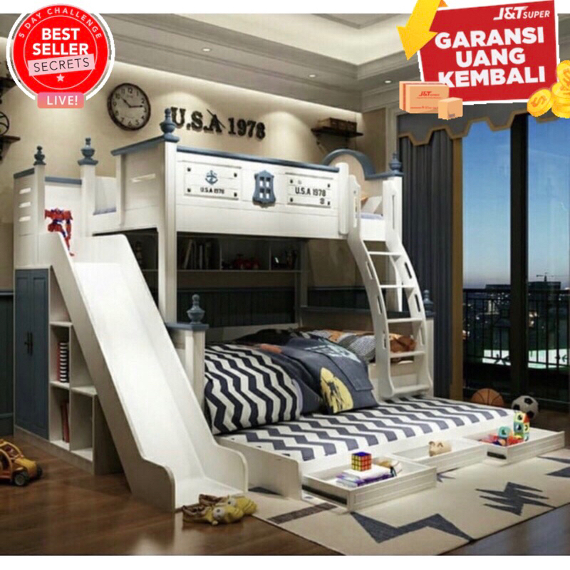 Tempat tidur tingkat anak perempuan dewasa kayu 3 susun dipan tingkat anak minimalis dipan susun ran