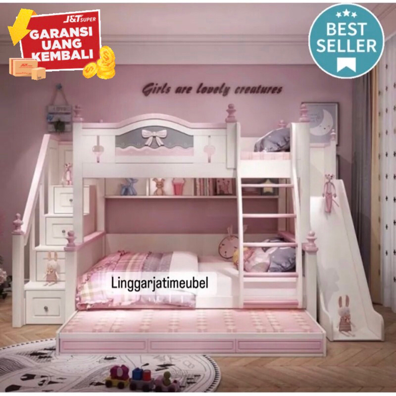 Tempat tidur tingkat Perosotan Seluncur anak perempuan dewasa kayu 3 susun dipan tingkat anak minima