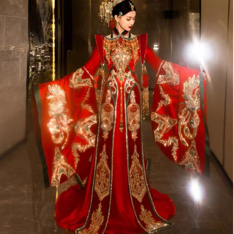 [45 hari penyesuaian] Xiuhe Hanfu rompi bordir industri berat kerah stand-up khusus pernikahan kelas atas mantel gaun pengantin naga dan phoenix tembus pandang yang indah