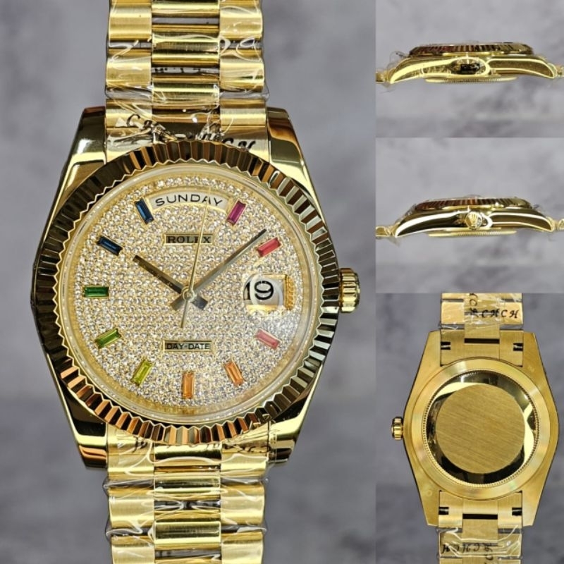 jam tangan pria Rolex Day Date Fluted Frosted diamond Automatic premium quality mesin japan