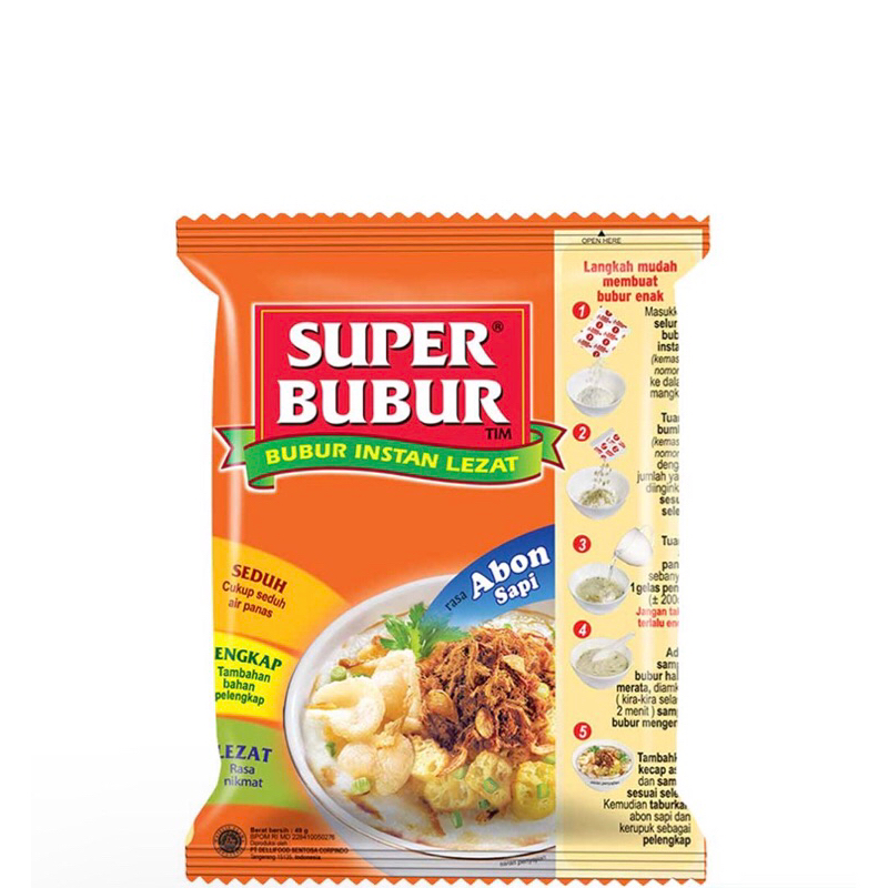 

Super bubur 45g Abon sapi ayam kuah soto Kari