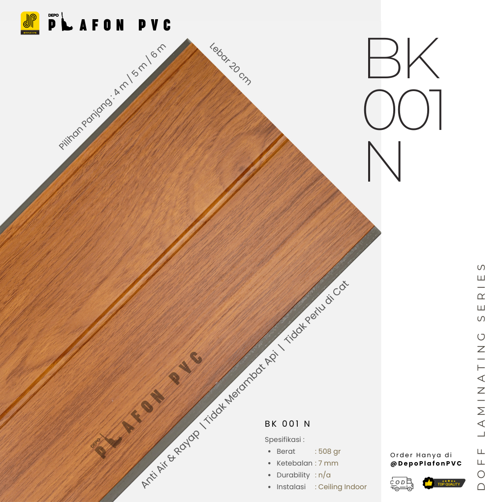 Doff Laminating Series BK 001 & BK 001 N | Plafon PVC Doff | Plafon Motif Kayu | PVC Laminate