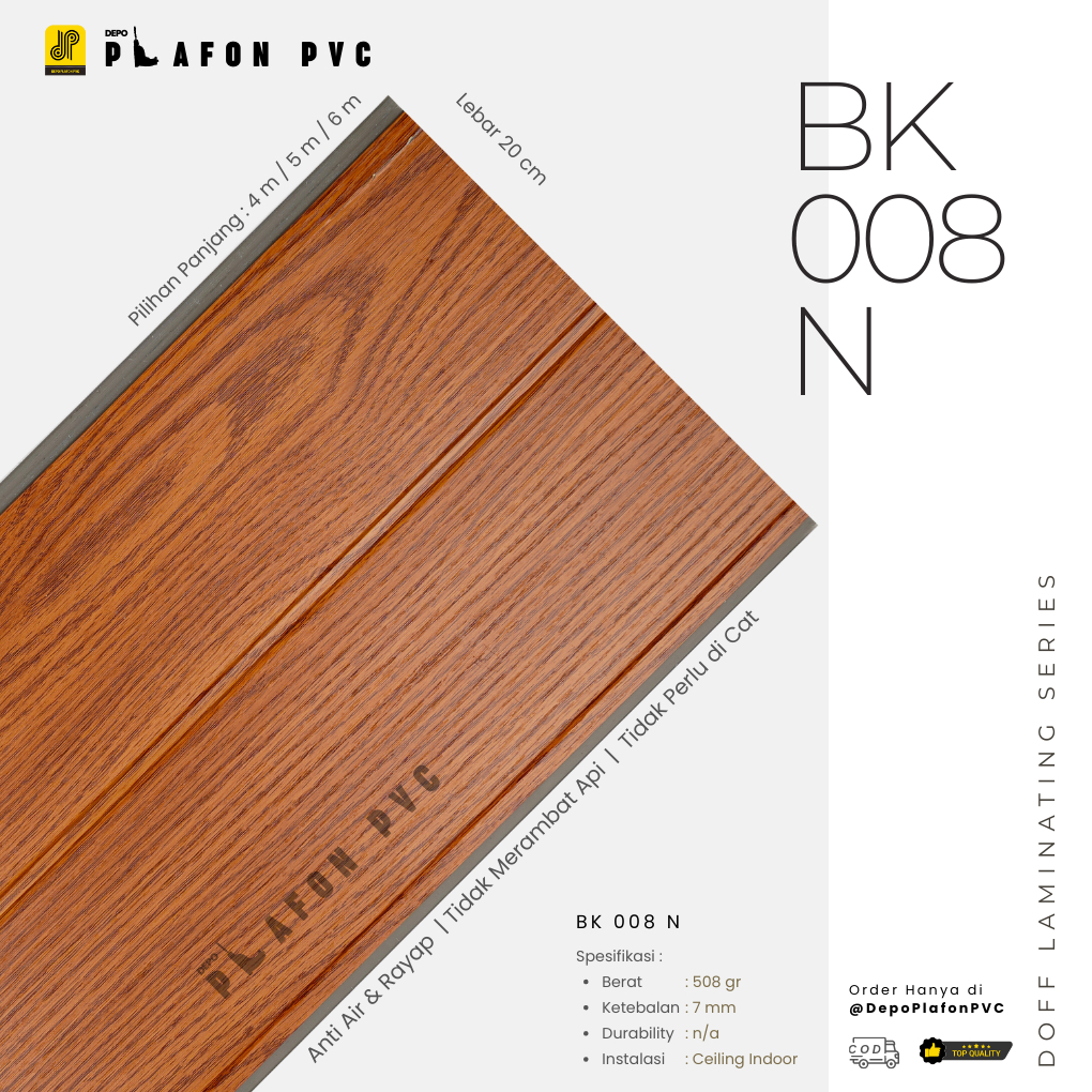 Doff Laminating Series BK 008 N | Plafon PVC Doff | Plafon Motif Kayu | PVC Laminate