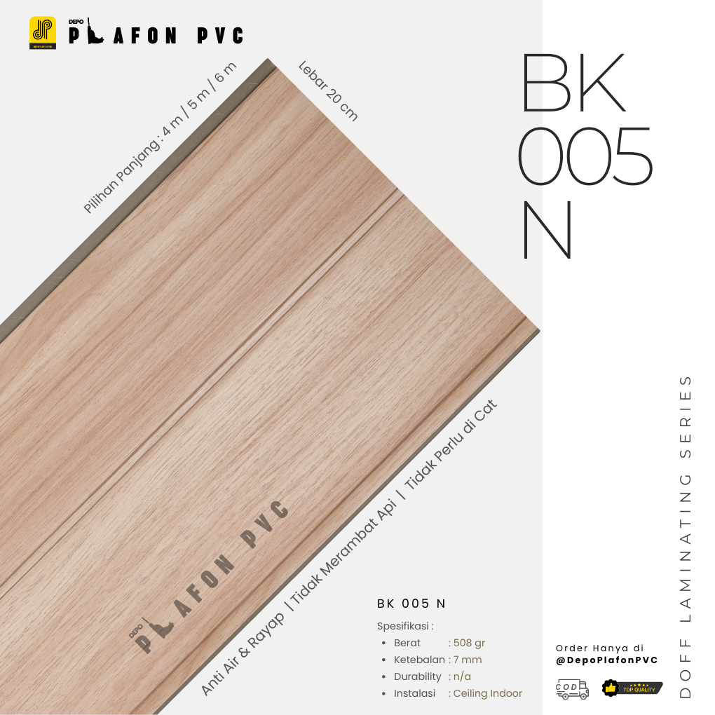 Doff Laminating Series BK 005 N | Plafon PVC Doff | Plafon Motif Kayu | PVC Laminate