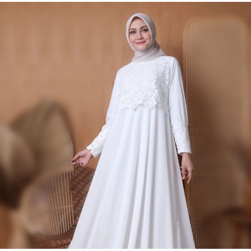 Adelia Baju Gamis Wanita Brukat/Dress Brukat Lebaran Putih tulang