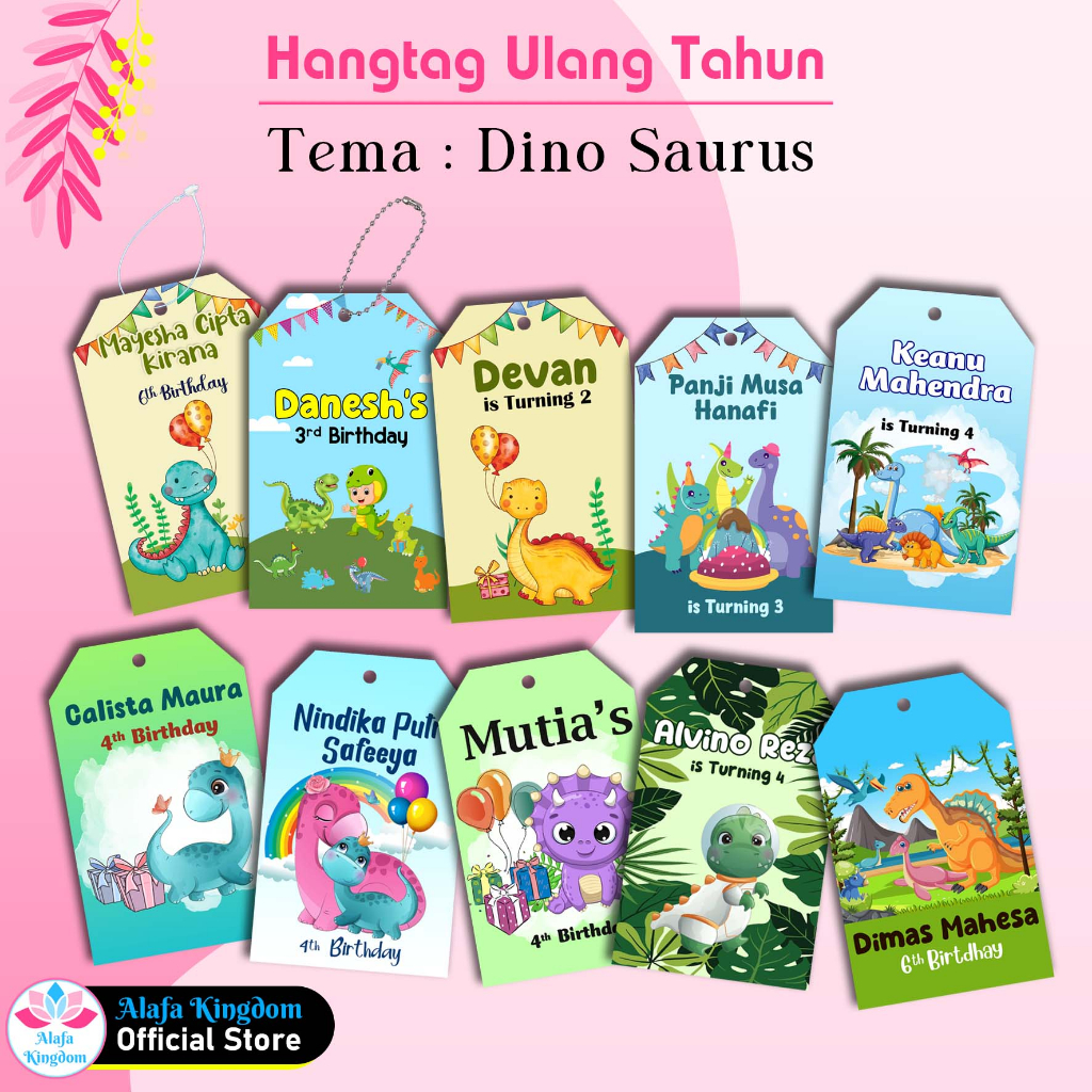 

alafakingdom 8Pcs Hangtag Ulang Tahun Anak Custom Dino Saurus Label Gantung Ultah Birhtday Dino