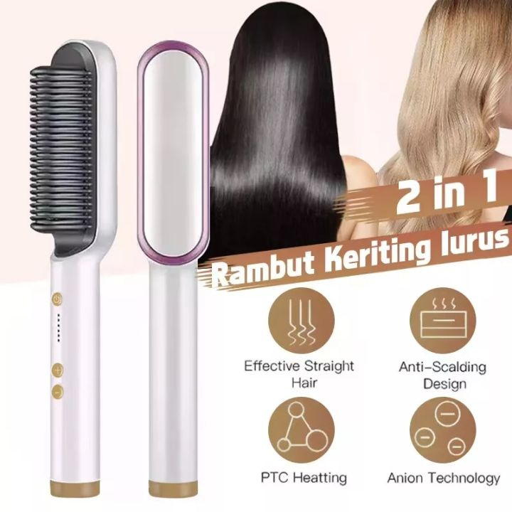 Ramindong Hair Straightener Comb Sisir Catokan Pelurus Rambut Curler 2in1 Pelurus Blow Keriting