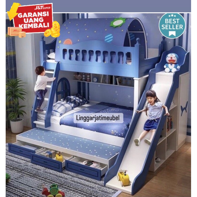 Tempat tidur tingkat Perosotan Seluncur anak perempuan lemari dewasa kayu 3 susun dipan tingkat anak