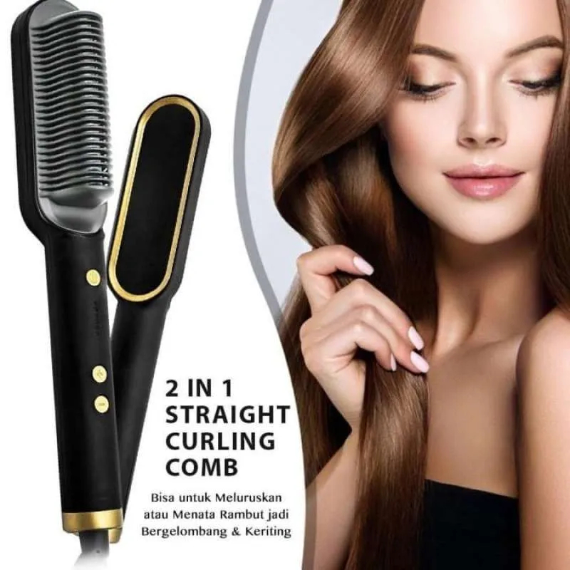 Ramindong Hair Straightener Comb Sisir Catokan Pelurus Rambut Curler 2in1 Pelurus Blow Keriting Siap