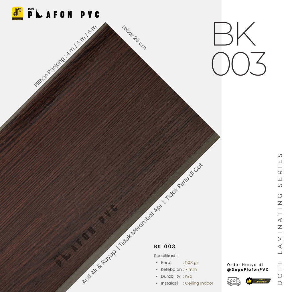 Doff Laminating Series BK 003 | Plafon PVC Doff | Plafon Motif Kayu | PVC Laminate