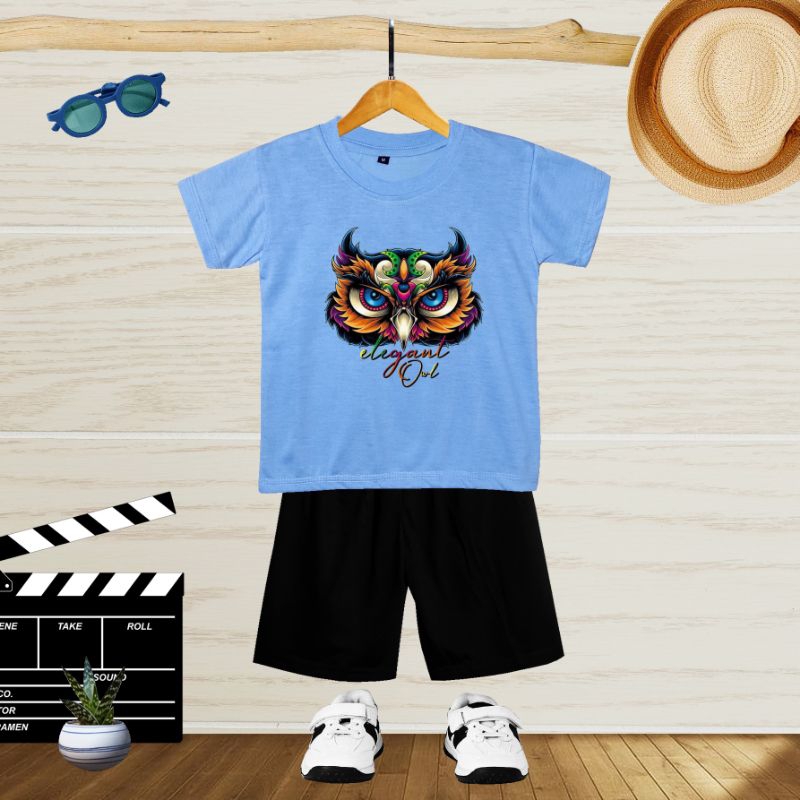 KAOS SETELAN OBLONG ANAK ANAK MOTIF KEPALA BURUNG HANTU SABLON DTF