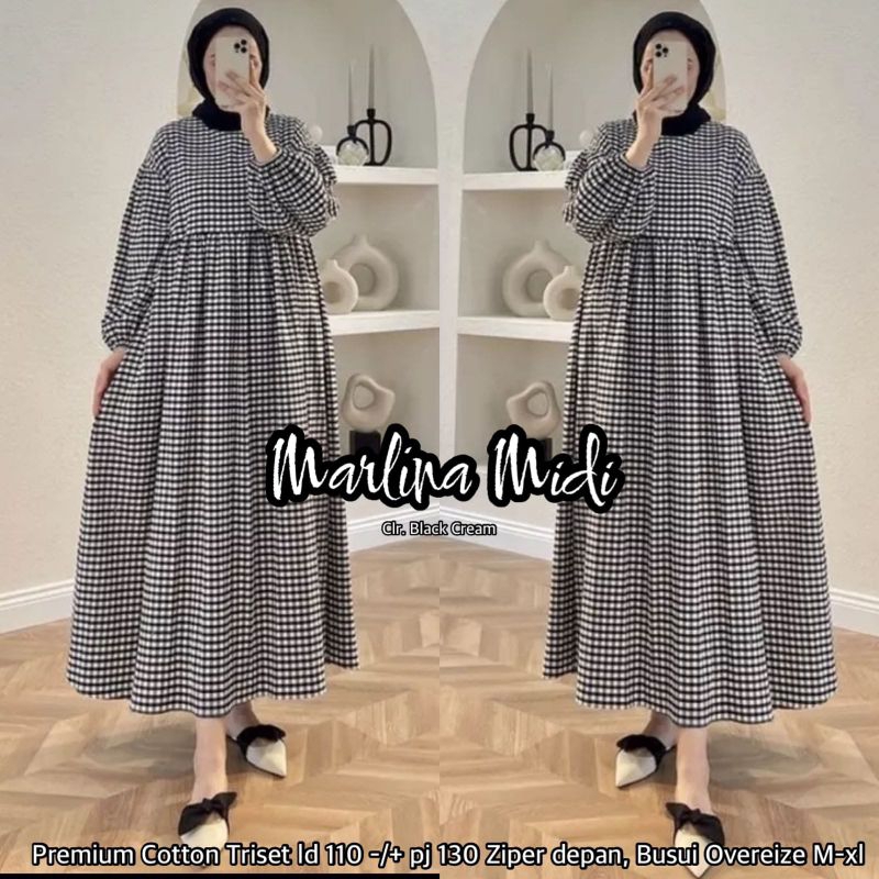 MARLINA MIDIDRESS BAHAN KATUN TRISET MOTIF KOTAK-KOTAK. MIDI WANITA MODEL TERBARU BAHAN KATUN HALUS 