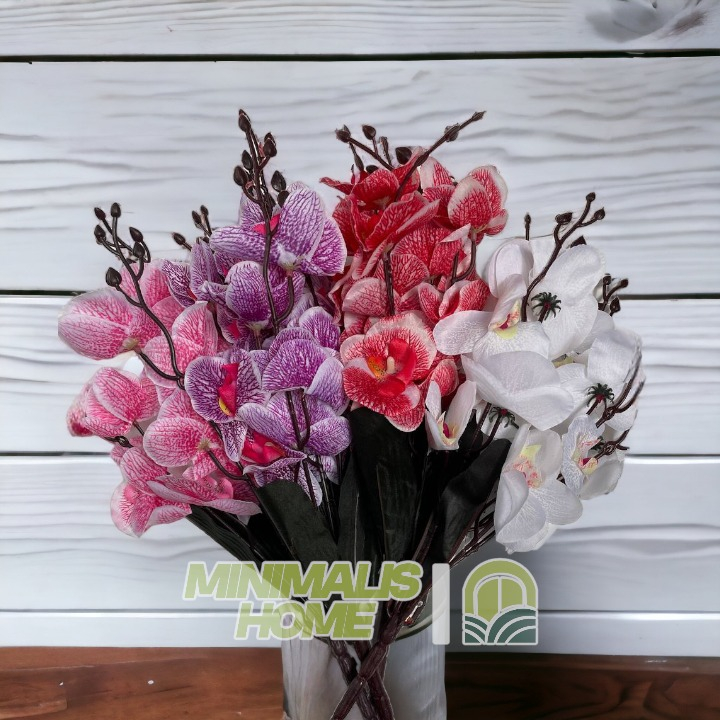 Bunga Anggrek Tangkai Plastik Daun Artificial Tanaman Hias