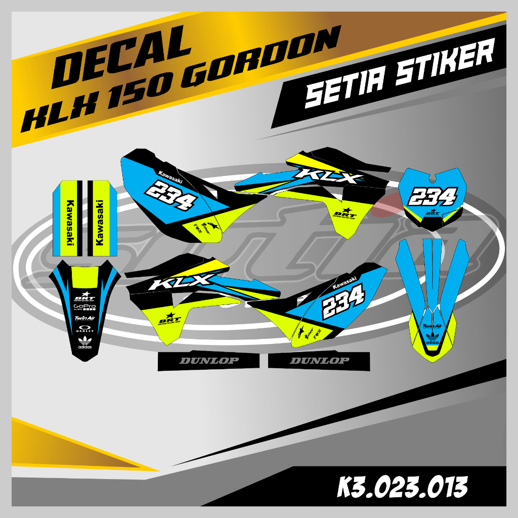 DECAL KLX GORDON BIRU HIJAU STABILO, SUPERMOTO, TRAIL, DESAIN BEBAS CUSTOM BARU (K3.023.013)