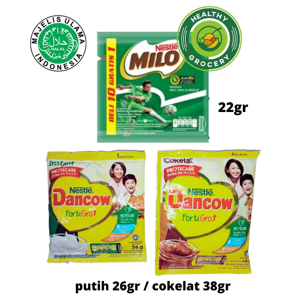 

Dancow Fortigro Cokelat Sachet 38gr / Putih Sachet 26gr / Nestle Milo Activ-Go Sachet 22gr