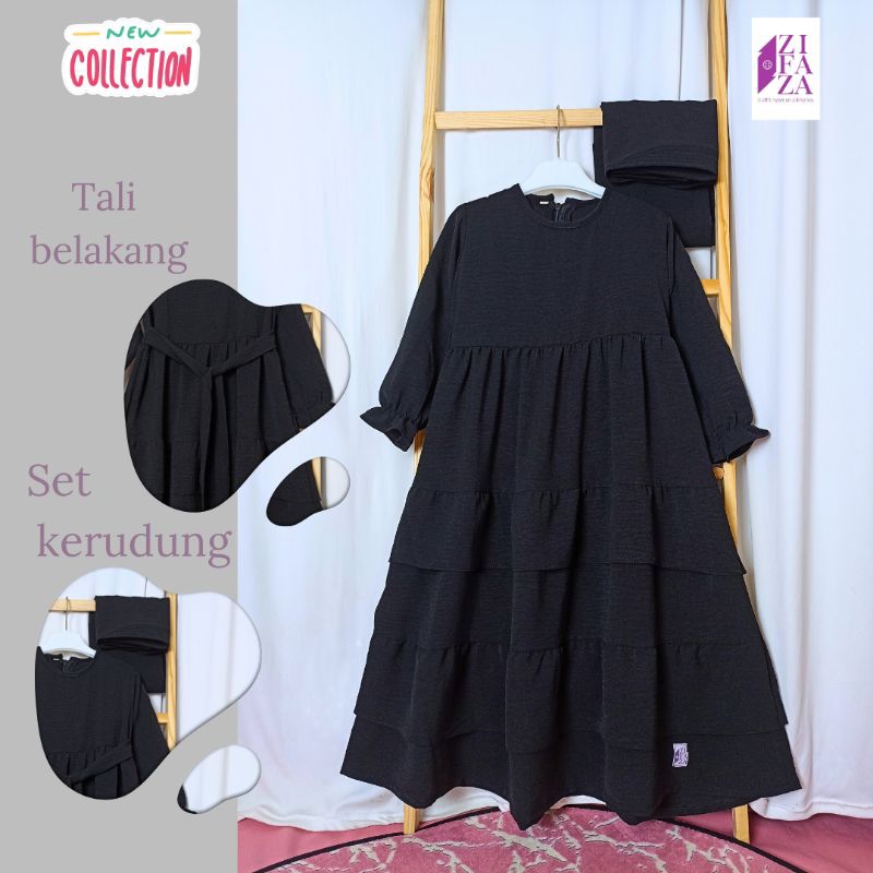 ZIFAZA - Gamis Anak Perempuan -  Warna Hitam - Bahan Crinkle - Umur 11 12 Tahun