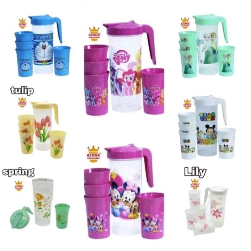 TEKO KARAKTER BERANAK  GELAS SET PLASTIK 5 IN 1