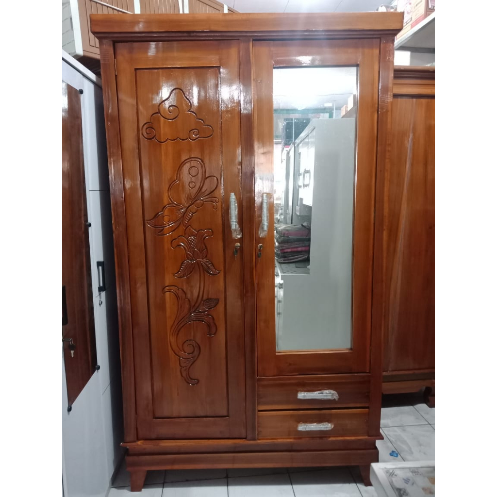Lemari Jati 2 pintu Kaca Menium / Lemari pakaian jati / Lemari jati minimalis / Lemari seserahan jat