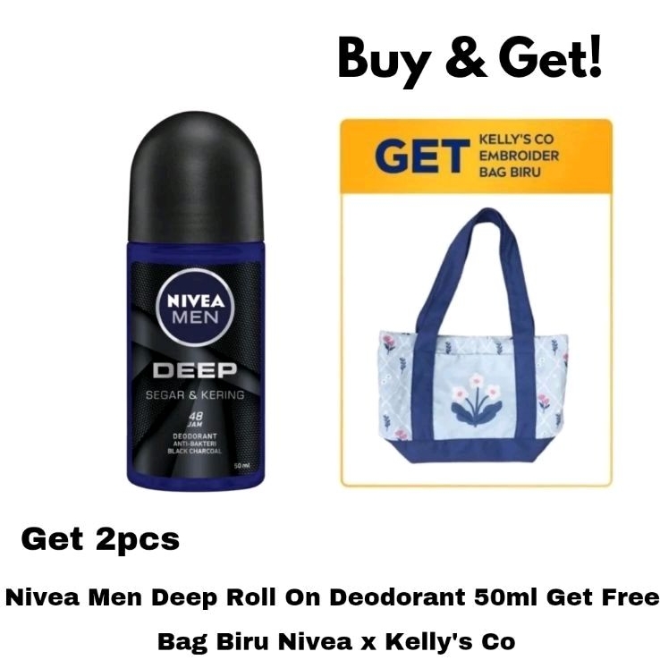 NIVEA MEN Deodorant Deep Roll On 50ml + Free Bag Kelly's Co Biru Tas Nivea X Kelly's Co Biru