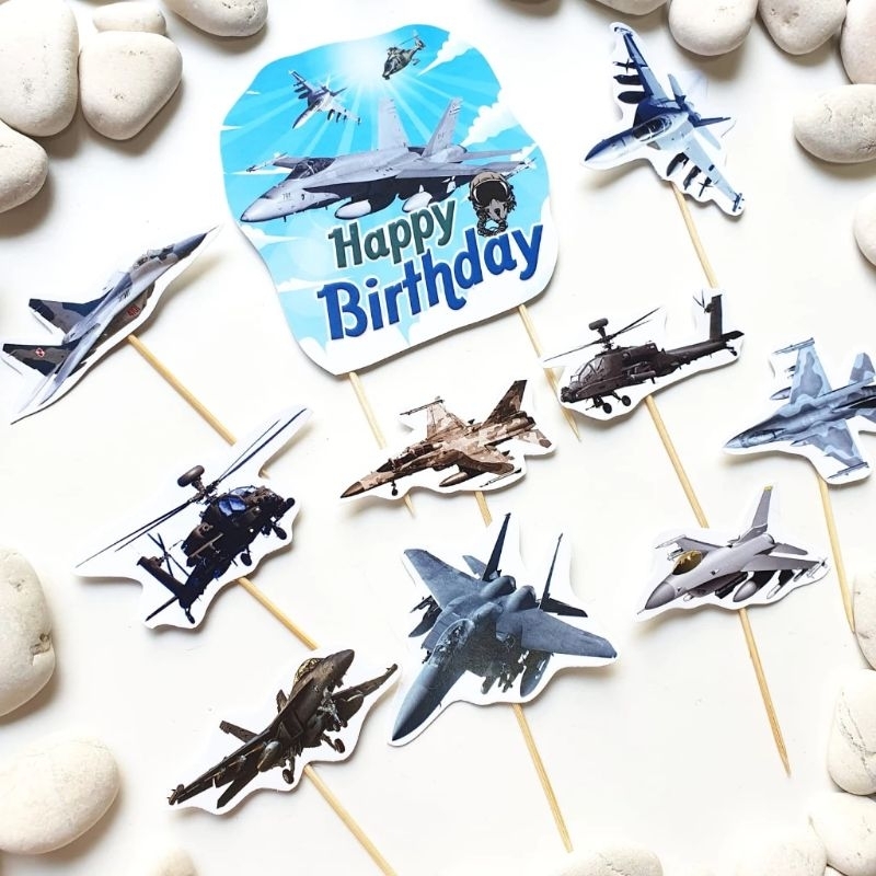 topper toper hiasan tusukan kue cake nasi tumpeng ulang tahun happy birthday karakter fighter plane 