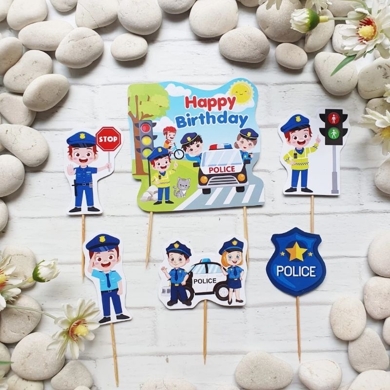 topper toper hiasan tusukan kue cake nasi tumpeng ulang tahun happy birthday karakter polisi police 