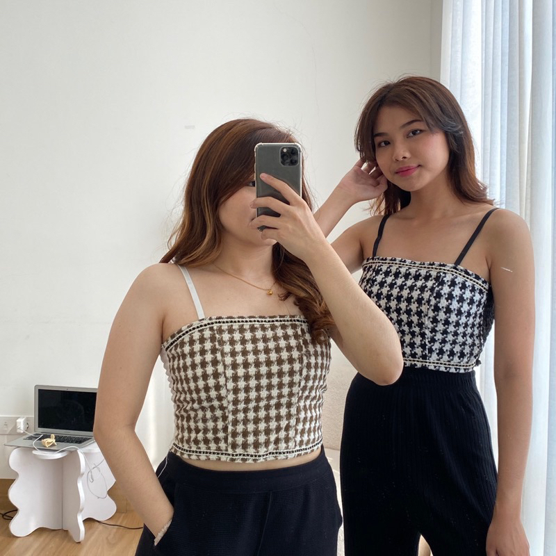 Tank Top rajutan pendek wanita Korea model manis terbaru Atasan Wanita Crop Top Motif Kotak