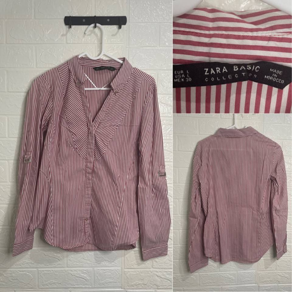 zara basic kemeja wanita salur merah