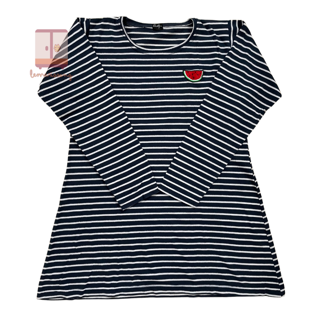 [Preloved] Outfix Watermelon Navy Stripes Long Sleeves Midi Tshirt/Kaos Tunik Garis Bordir Semangka 
