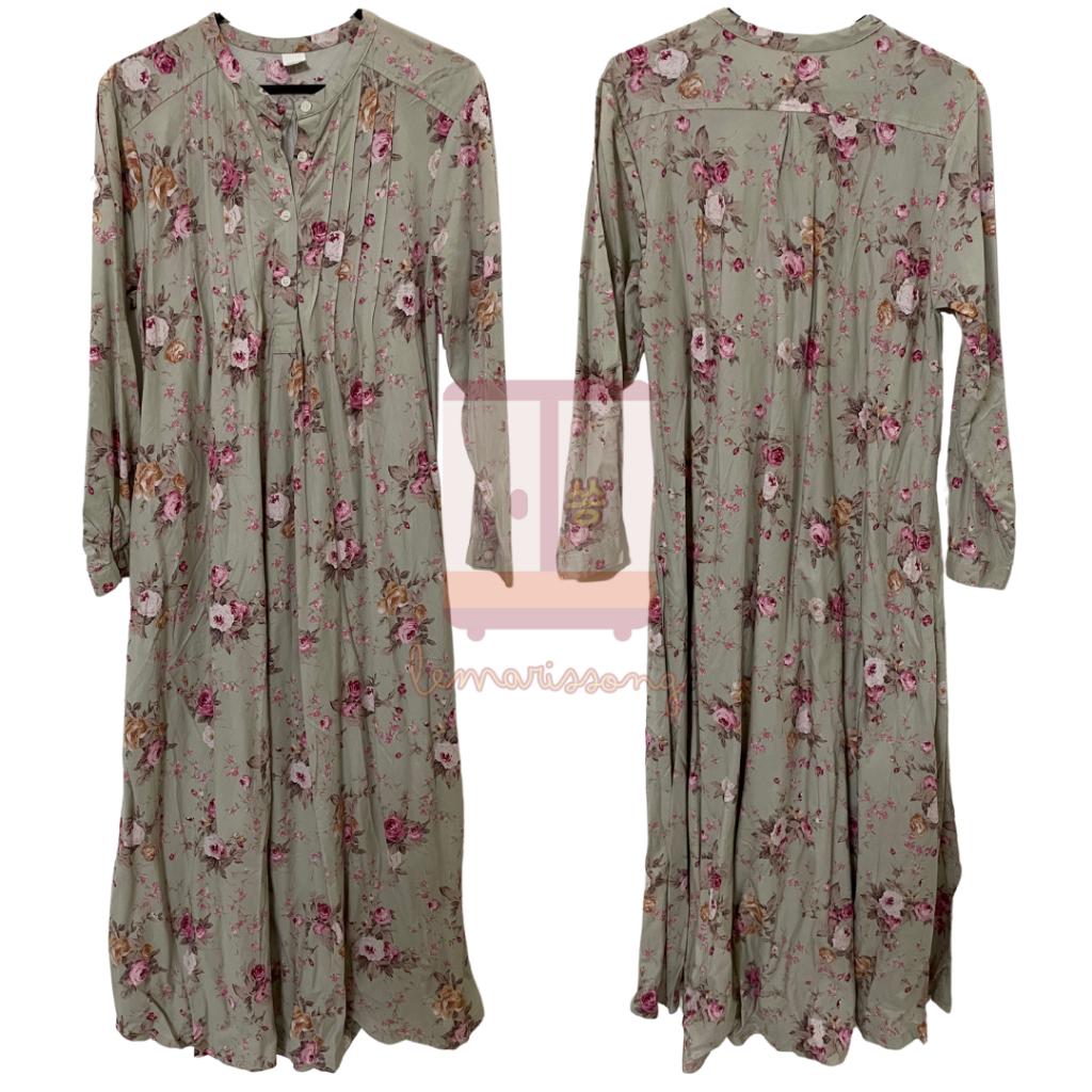 [Preloved] Le Couture Sage Green Floral Maxi Dress/Gamis Hijau Sage Motif Bunga Le Couture