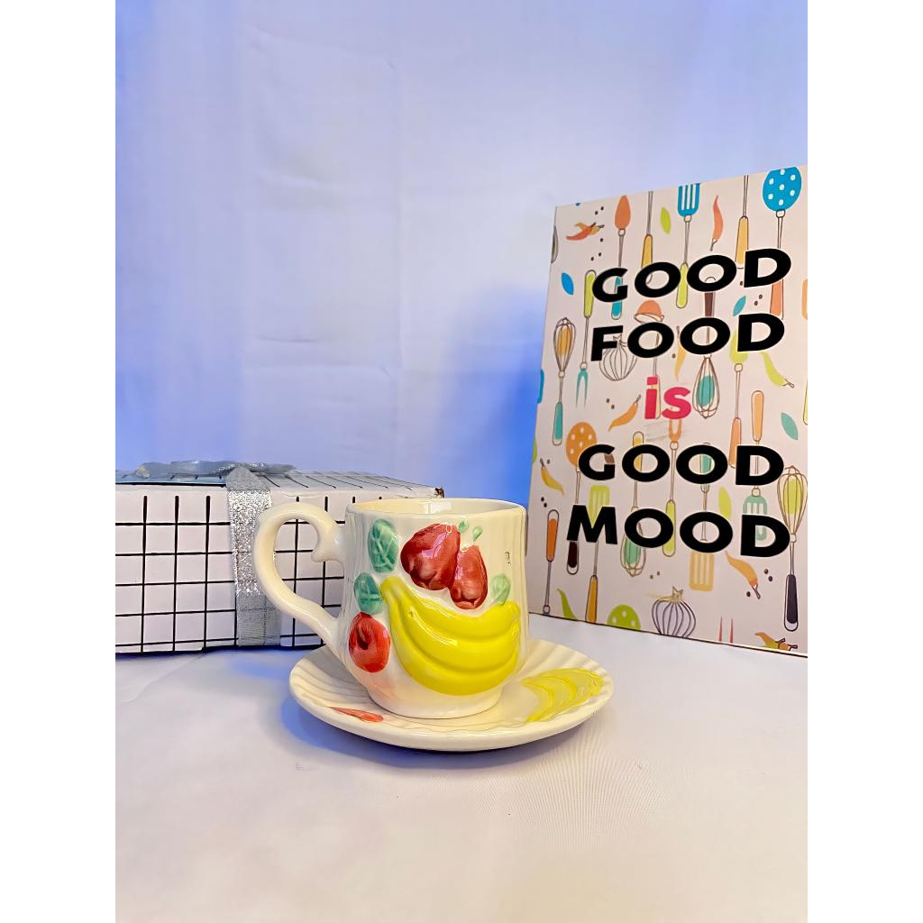 [ READY ] - Cangkir 1 Pasang Motif Pisang Keramik / Kado Unik / Hampers Cantik / Gelas Lucu / Cangki