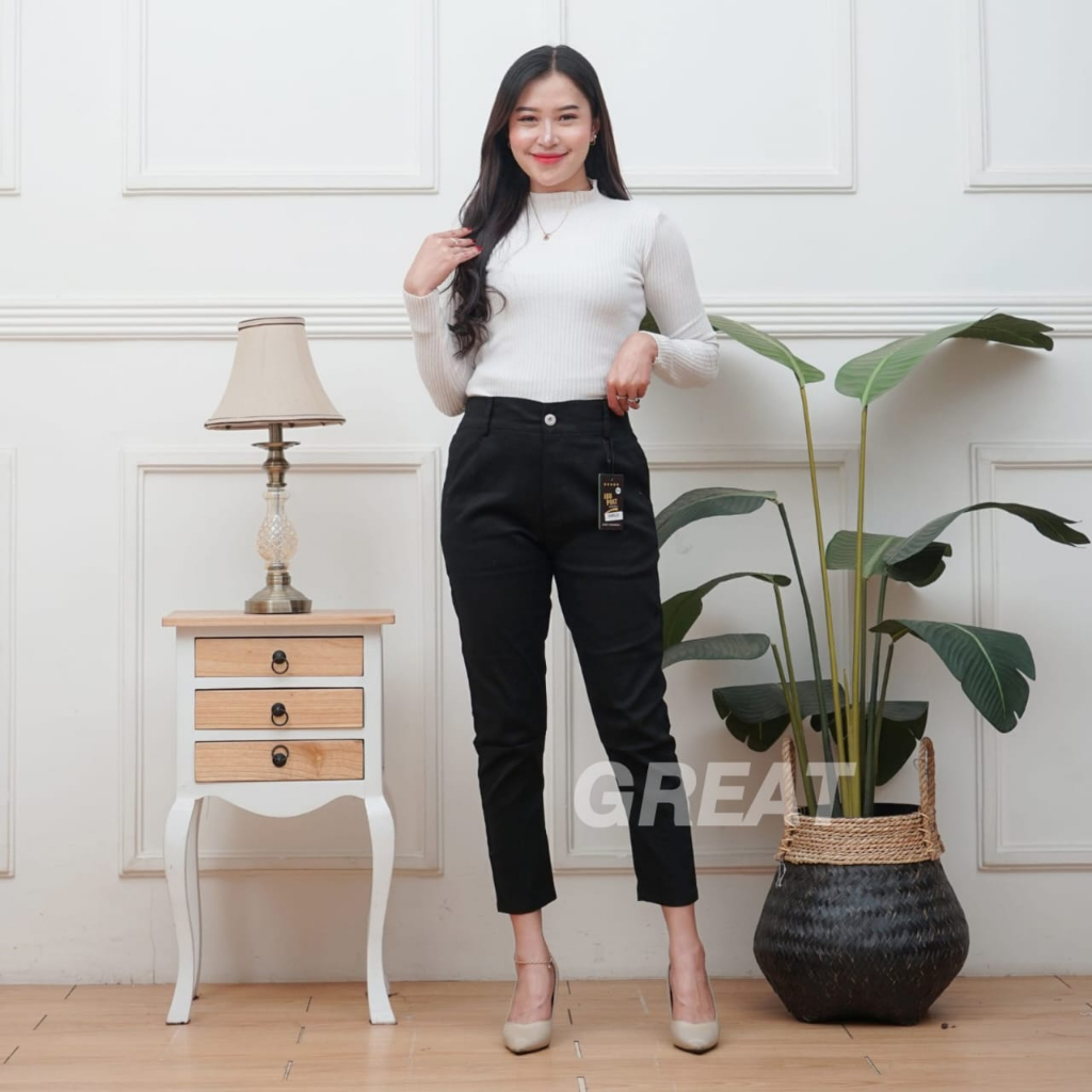 Basic Angkle Pants Celana Kerja Wanita Model Resleting Dan Pinggang Karet Terlaris