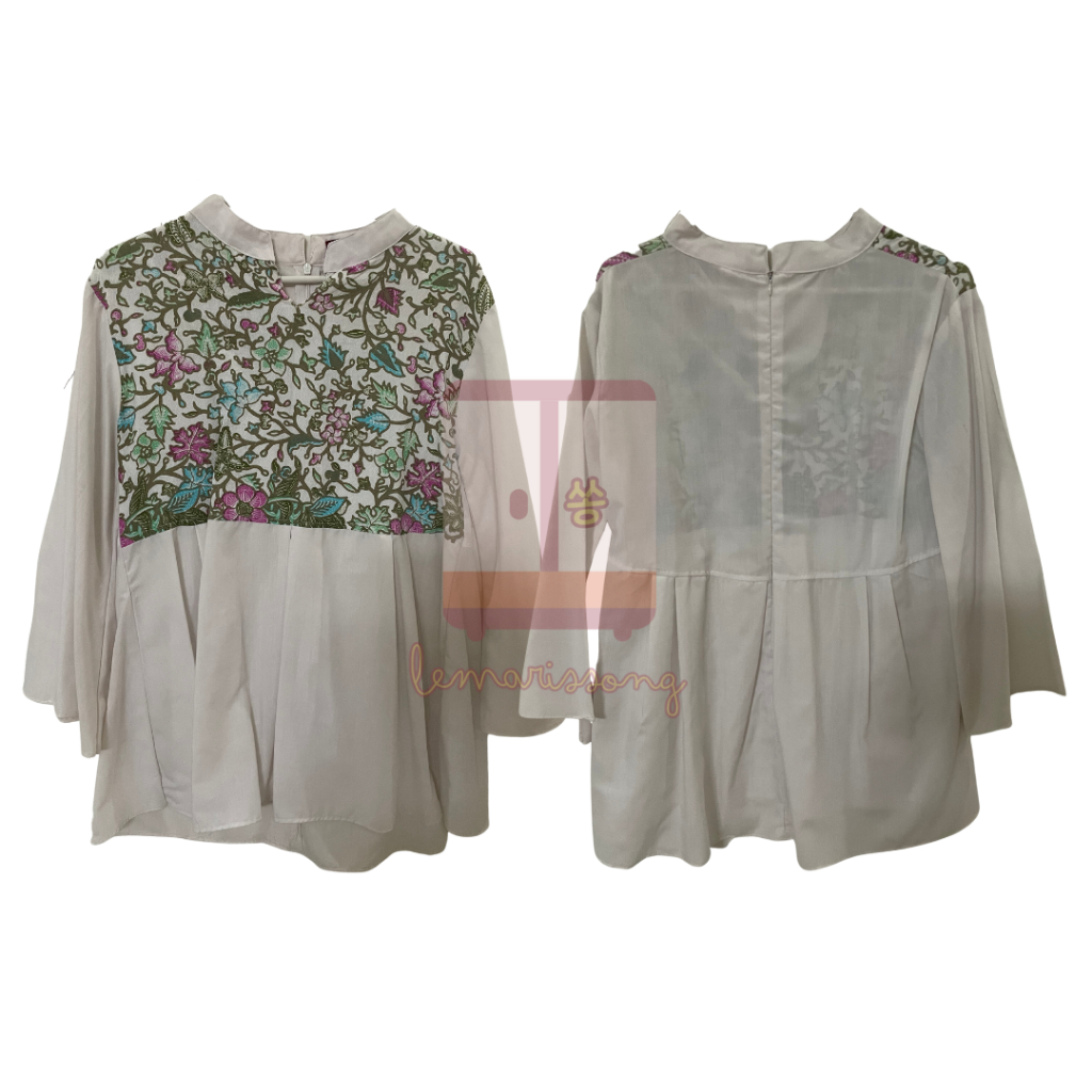 [Preloved] White Batik Babydoll Top/Kemeja Babydoll Putih Motif Batik