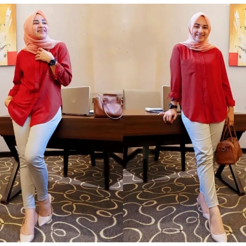 Atasan Kemeja wanita Oversize Rayon Twill / KEMEJA POLOS RAYON TWIIL / Kemeja merah bahan rayon prem