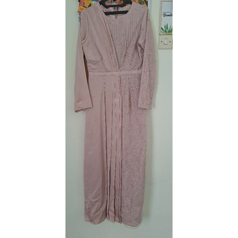 preloved dress gaun kondangan bridesmaids pink nude satin mix brokat tile