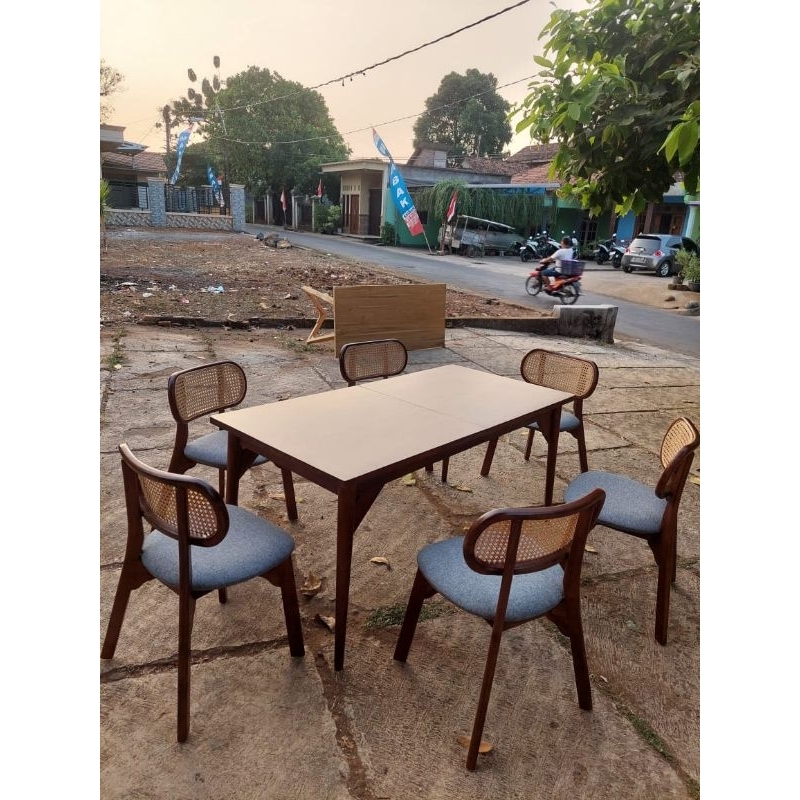 DINING SET MEJA MAKAN 6 KURSI KOMBINASI ROTAN