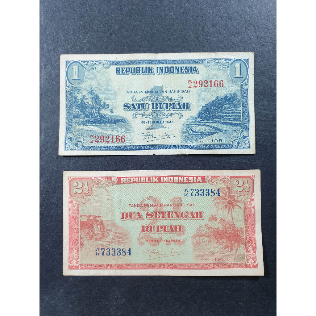 Uang Kuno Indonesia 1 Rupiah dan 2,5 Rupiah Set Seri Pemandangan 1951